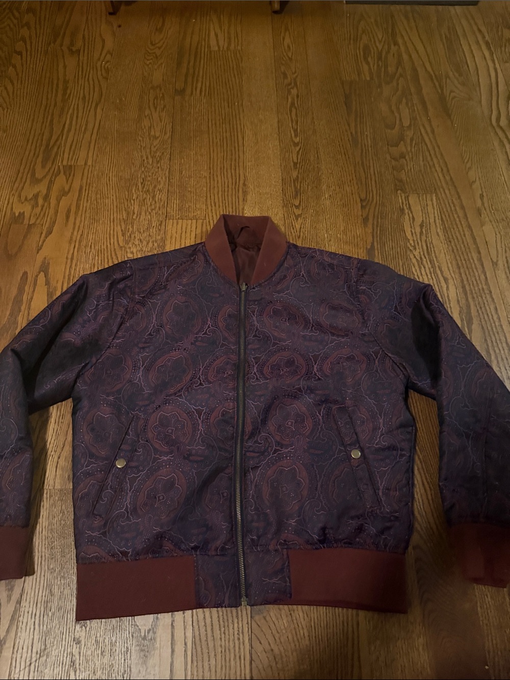 TALLIA Maroon and Navy Paisley Bomber Jacket